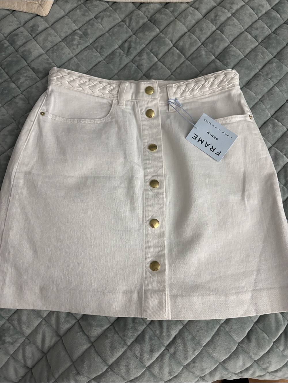 Frame Denim White Button-Front Mini Skirt with Braided Waistband size 30 NWT